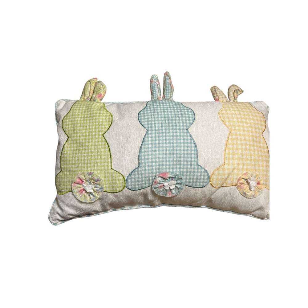 Decorative Bunny Applique Pillow Pastel Gingham White Background Ears 18.5 x 11